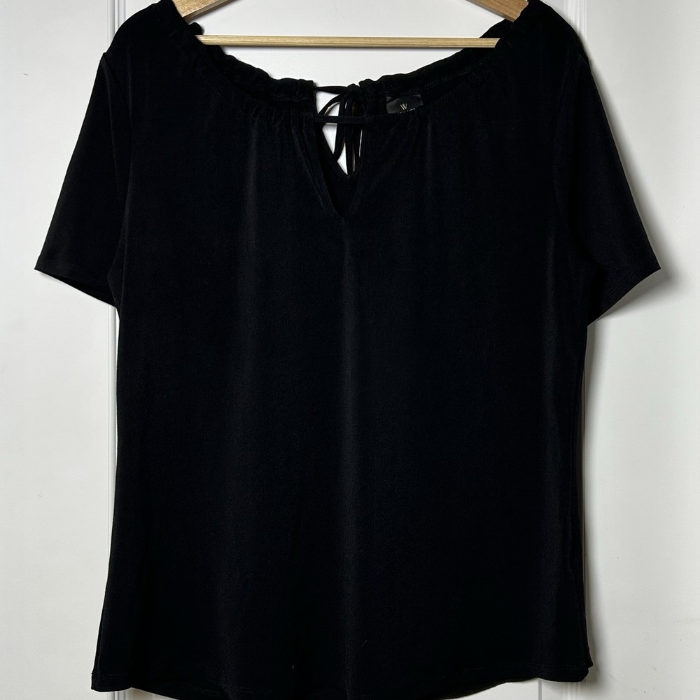 Worthington Black Ruched Drawstring Tie Neckline Off the‎ Shoulder Flowy Blouse